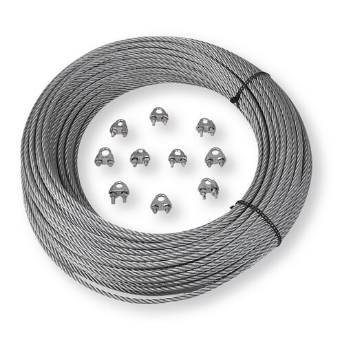 Kit câble acier galvanisé Ø 6mm longeur 50 mètres avec serres-câble
